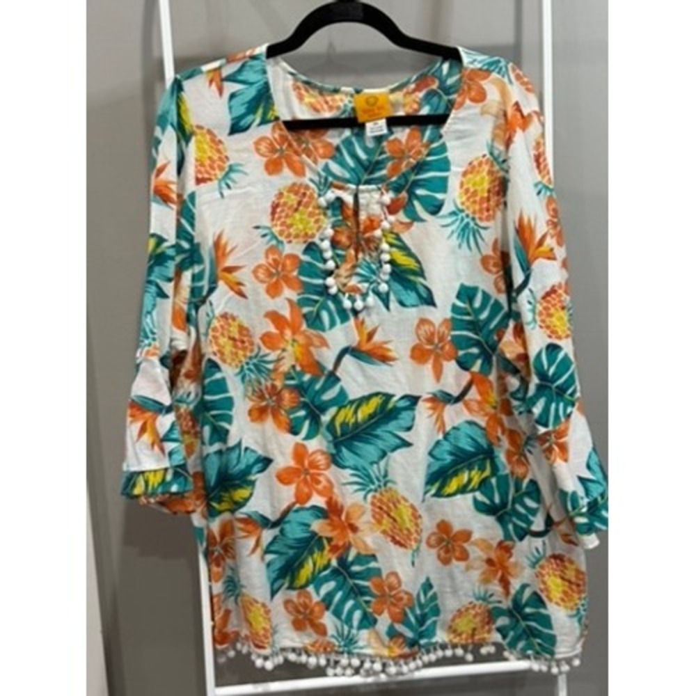 Ruby Rd Woman 2X Tropical Pineapple‎ Floral Pom Trim Cotton Top Resort Hawaiian